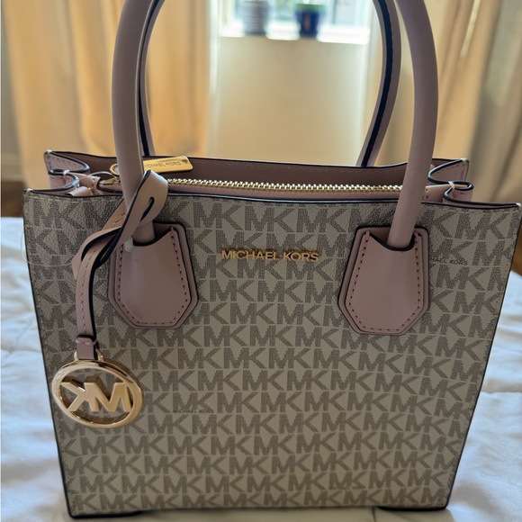 Michael Kors Gray and Pink Crossbody Bag with Monogram Pattern